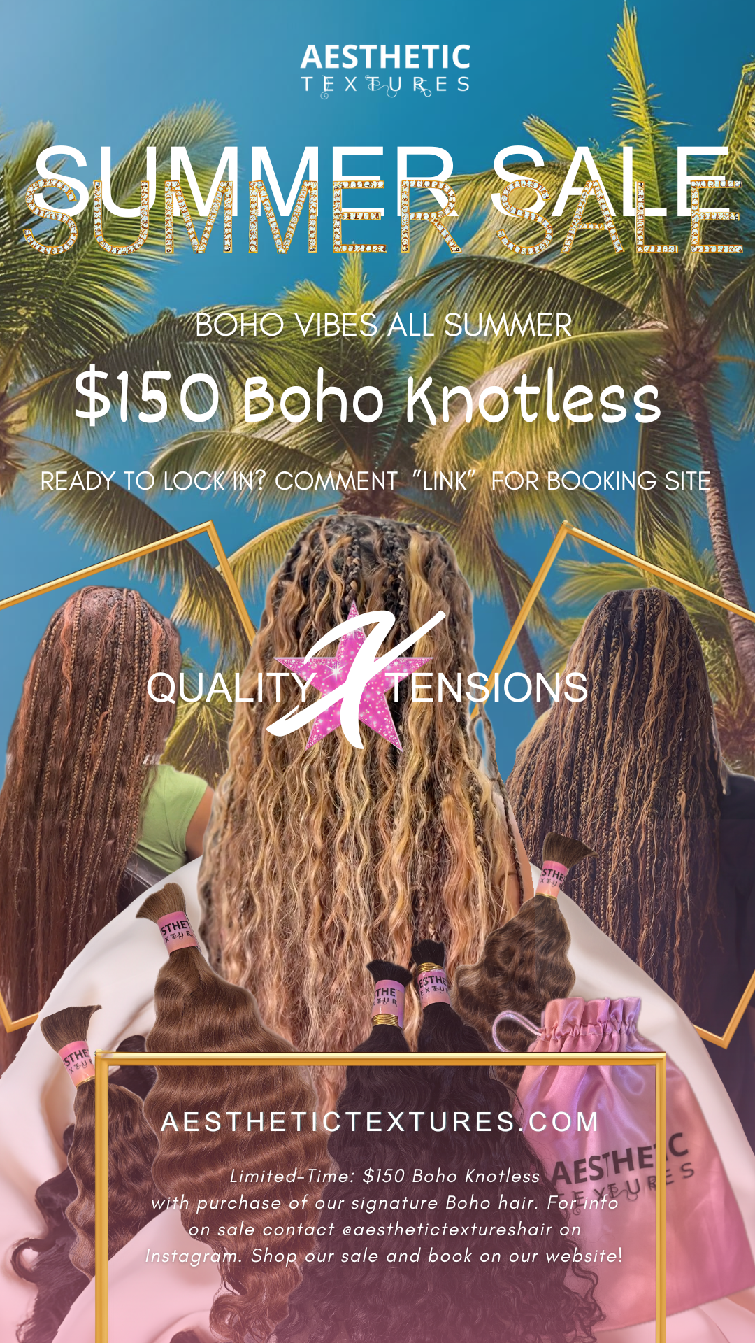 Promotional poster for boho knotless hair extensions with palm trees and 'Aesthetic Textures' branding.